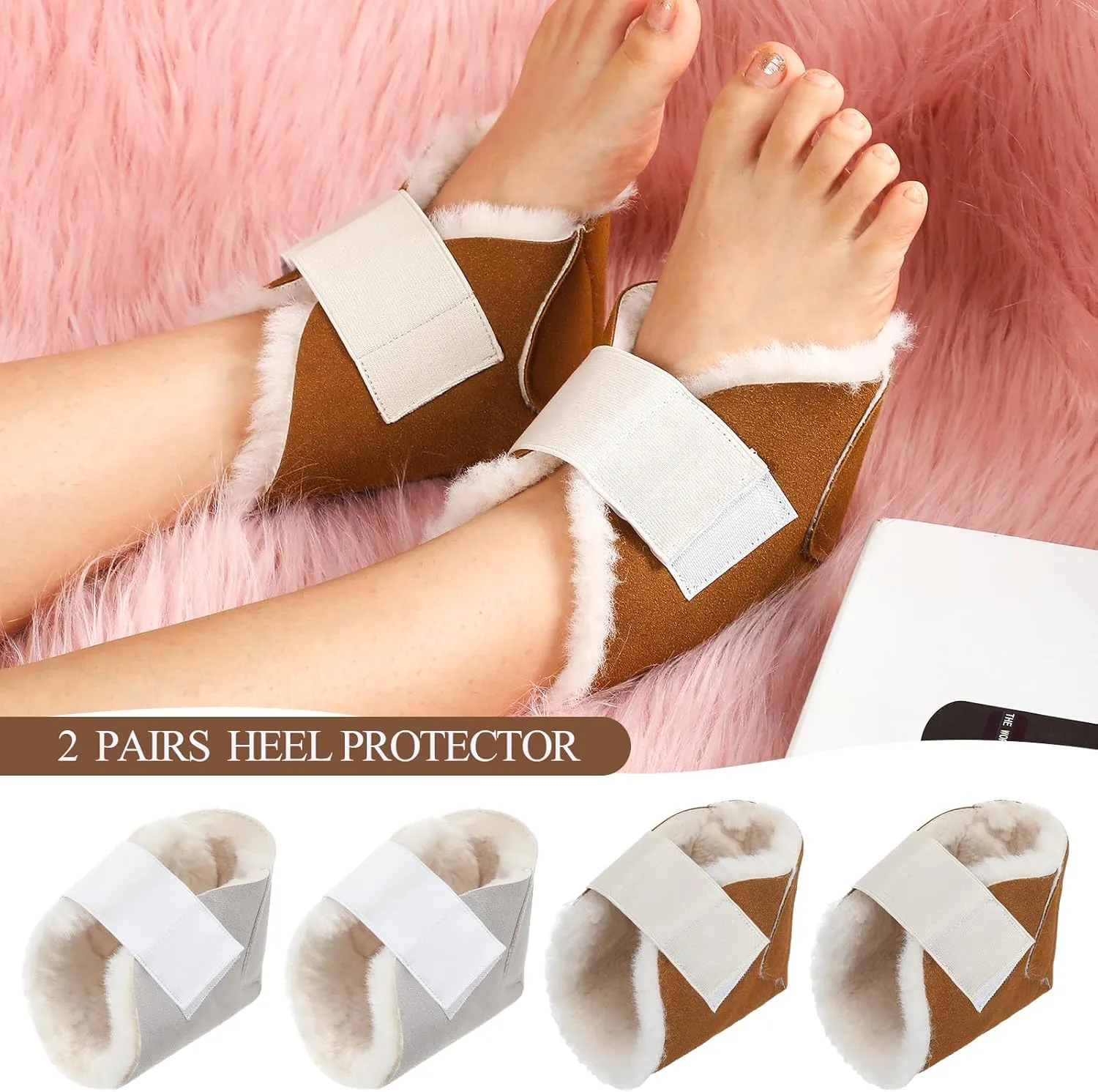 2 Pairs Heel Protector Boot Sheepskin Heel Protectors Soft Foot Cushions Pads with Securing Strap for Protect Feet Ankle Pressure Bed Sores