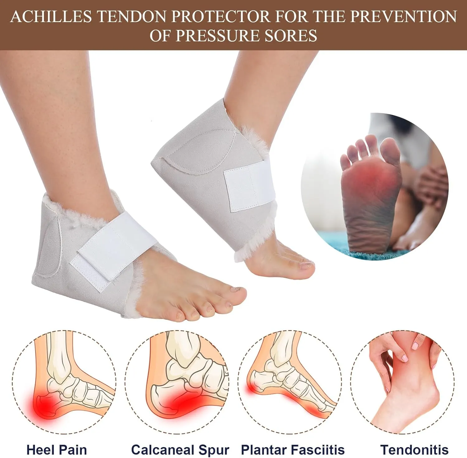 2 Pairs Heel Protector Boot Sheepskin Heel Protectors Soft Foot Cushions Pads with Securing Strap for Protect Feet Ankle Pressure Bed Sores