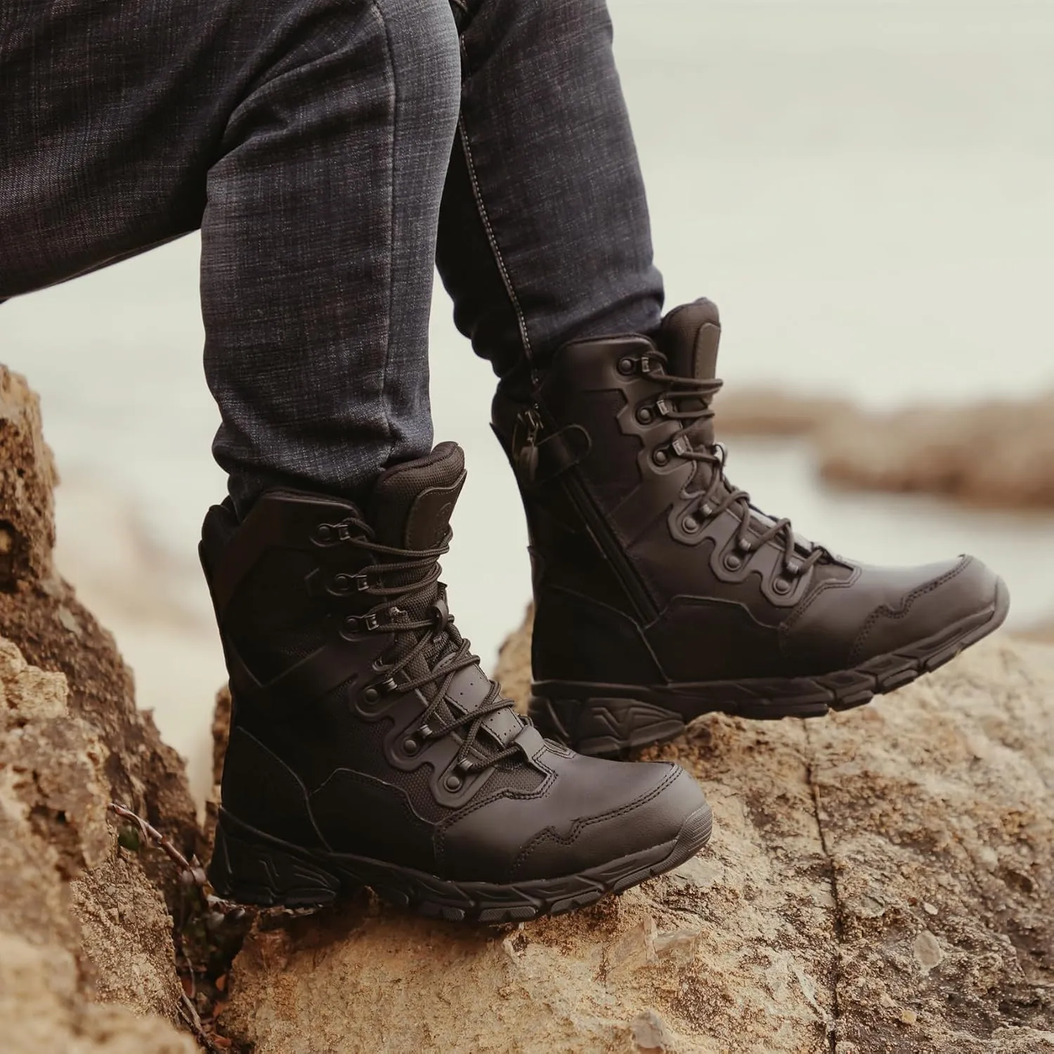 8" Waterproof Men's Military Tactical Work Boots, Hiking Motorcycle Combat Slip/Oil Resistant Boots with YKK Side Zipper