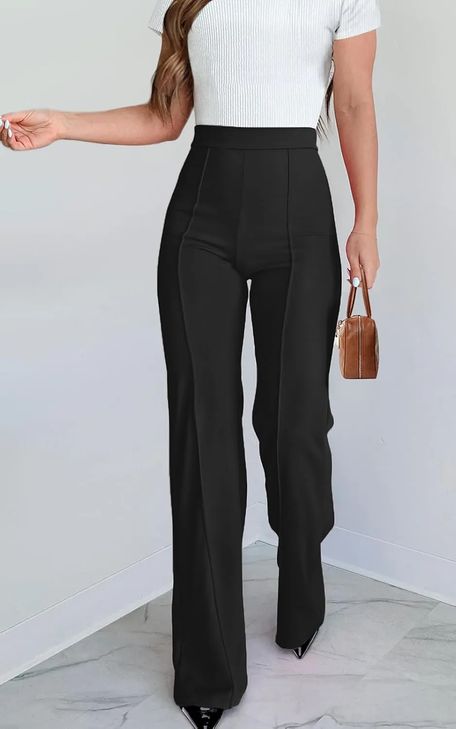 Agenlulu Wide Leg Dress Pants for Women Elastic High Waist Straight Leg Pants Business Casual Pull on Office Work Slacks