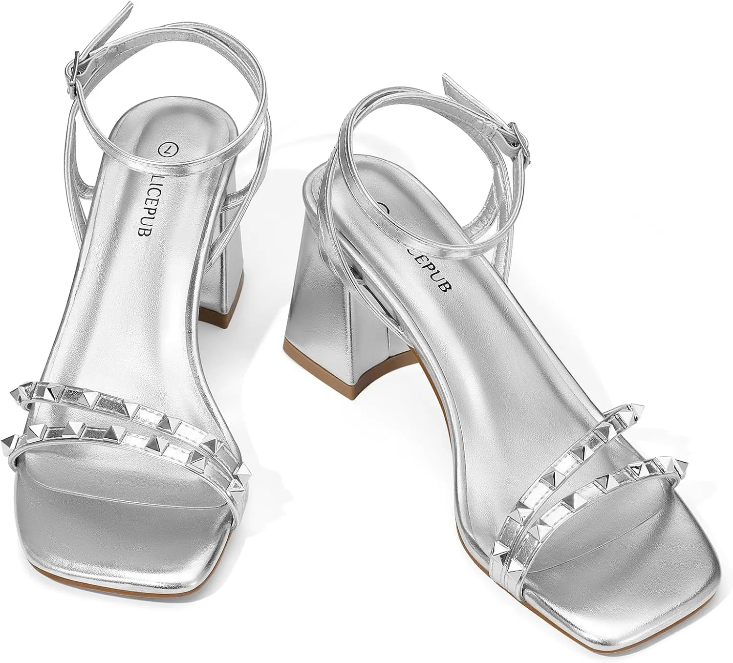 ALICEPUB Women's Chunky Block Heels Strappy Heels Square Open Toe Heeled Sandals Short Heels Comfortable Dressy Shoes Wedding Bridal Party