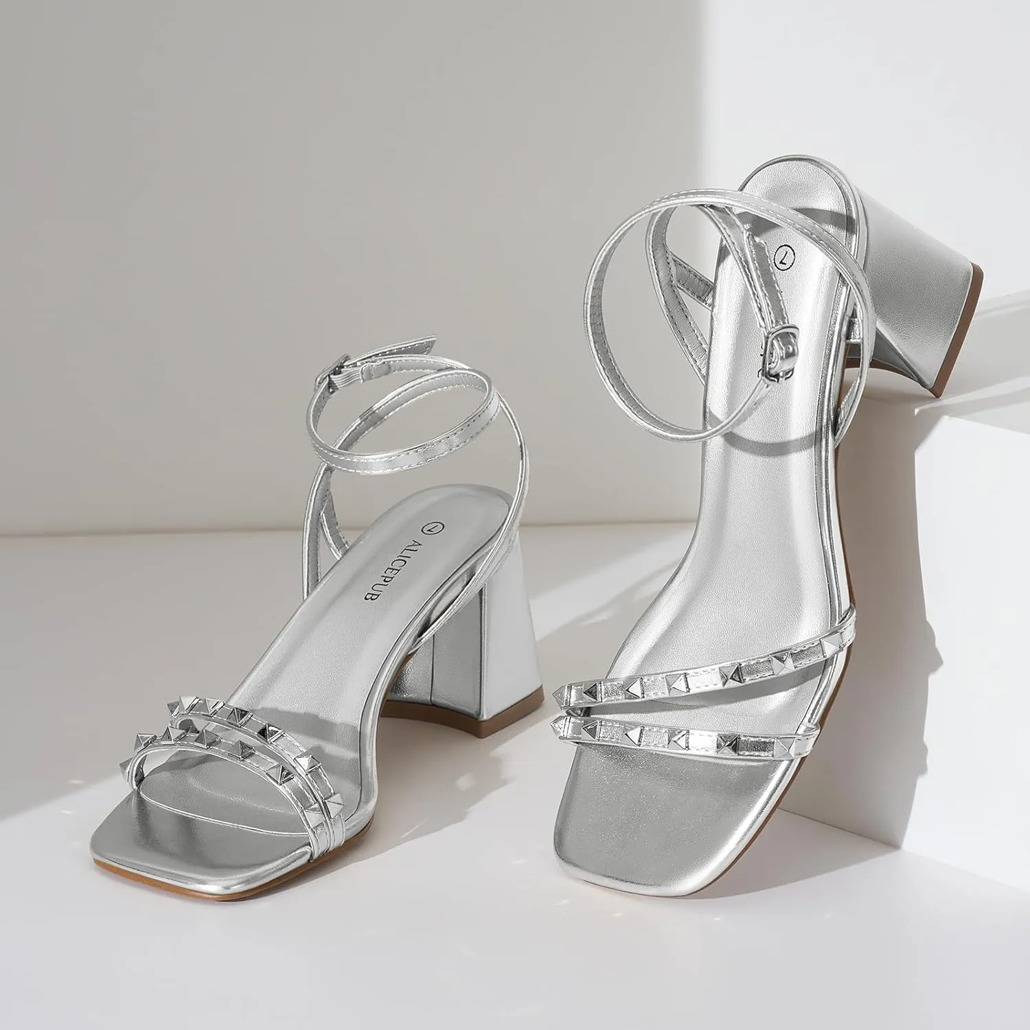 ALICEPUB Women's Chunky Block Heels Strappy Heels Square Open Toe Heeled Sandals Short Heels Comfortable Dressy Shoes Wedding Bridal Party