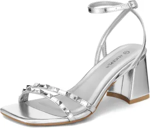 ALICEPUB Women's Chunky Block Heels Strappy Heels Square Open Toe Heeled Sandals Short Heels Comfortable Dressy Shoes Wedding Bridal Party
