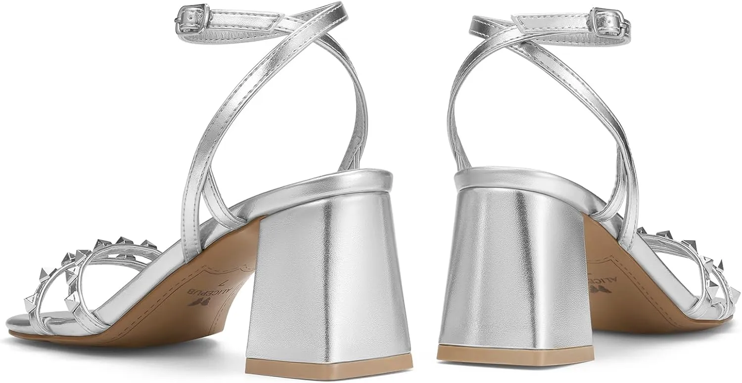 ALICEPUB Women's Chunky Block Heels Strappy Heels Square Open Toe Heeled Sandals Short Heels Comfortable Dressy Shoes Wedding Bridal Party