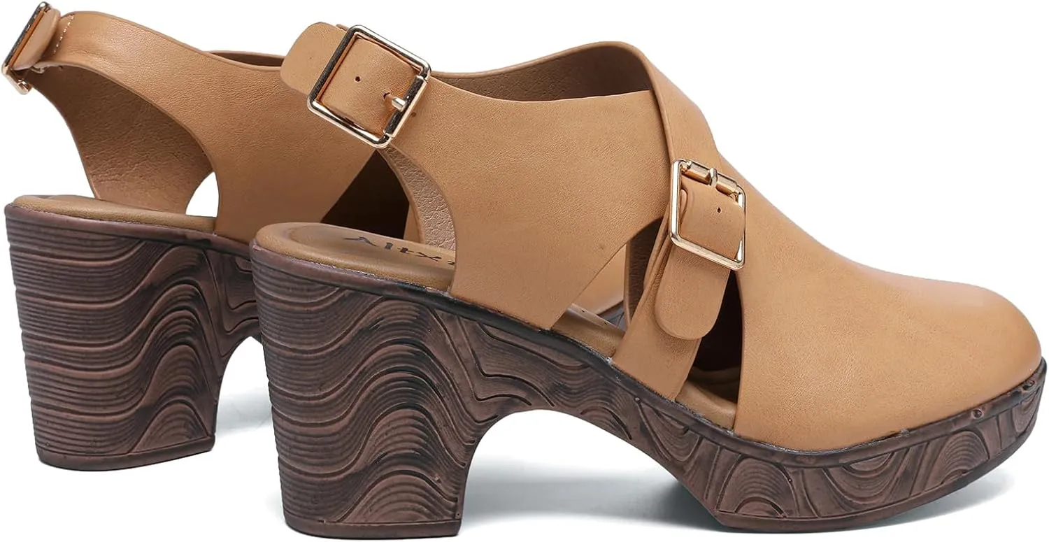 Altxic Women's Comfy Low Block Chunky Heels Sandals Closed Round Toe Casual Adjustable Slingback Strap Clogs