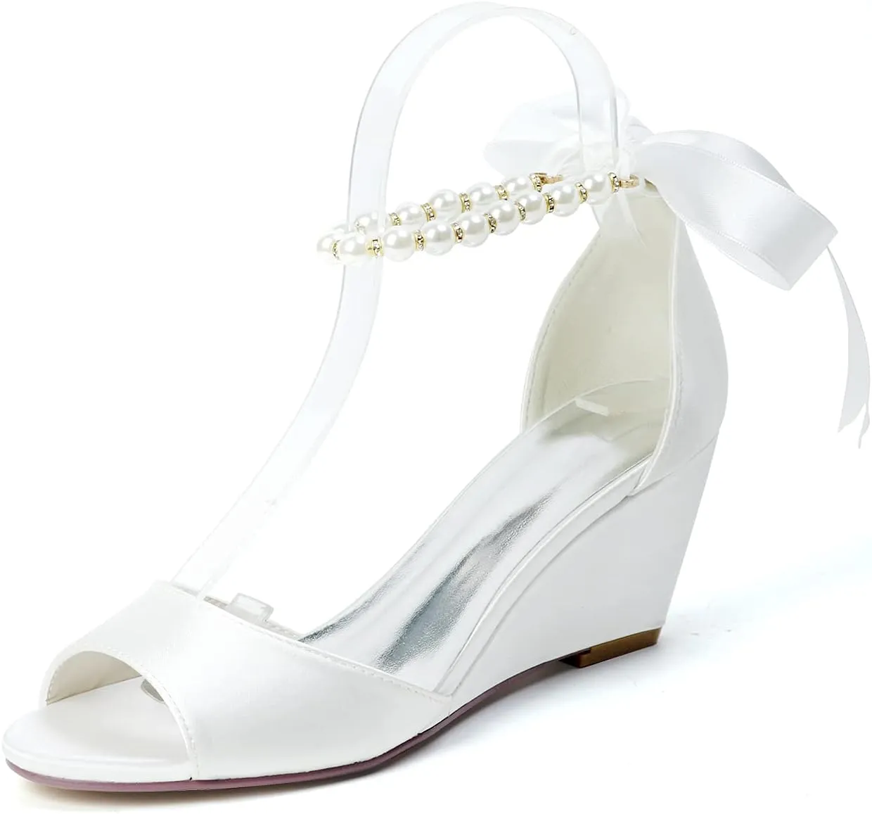 Anna's Bridal Women's Pearl Wedding Shoes for Bride Wedges Low Heel Comfortable Satin Shoes Peep Toe S Strap Formal Prom Party Shoes Sandals