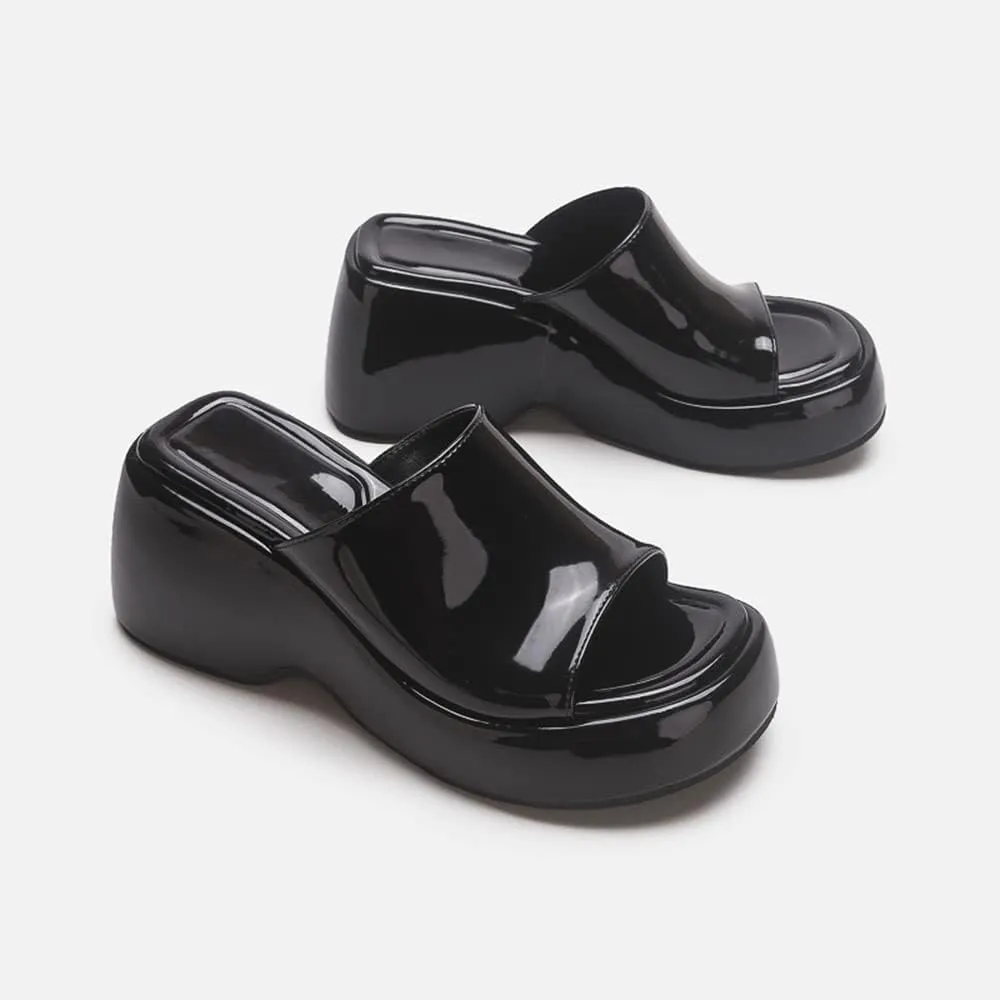 Arqa Women's Wedge Slide Sandals Open Toe Chunky Heel Outdoor Slippers Patent Comfor Slip-on Shoes