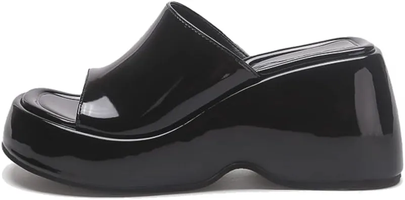 Arqa Women's Wedge Slide Sandals Open Toe Chunky Heel Outdoor Slippers Patent Comfor Slip-on Shoes