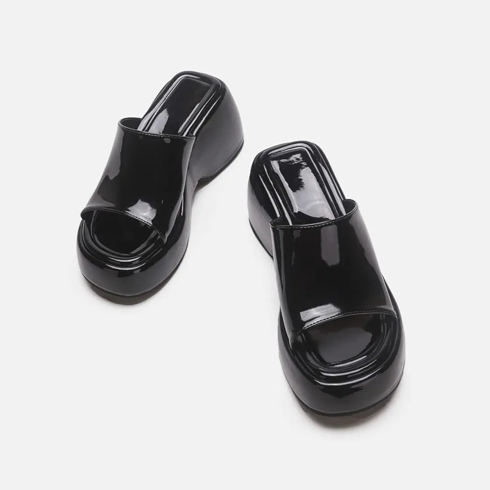 Arqa Women's Wedge Slide Sandals Open Toe Chunky Heel Outdoor Slippers Patent Comfor Slip-on Shoes
