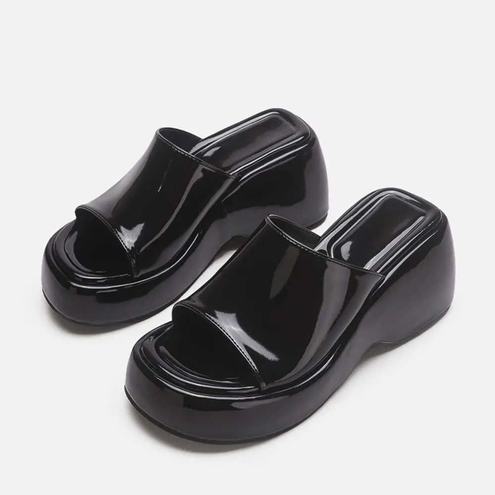 Arqa Women's Wedge Slide Sandals Open Toe Chunky Heel Outdoor Slippers Patent Comfor Slip-on Shoes