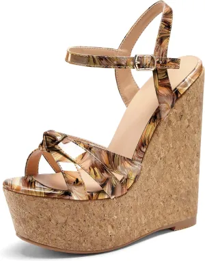 AUMOTED Women Wedge Sandals Platform High Heels Peep Toe 5.9" Ankle Srap Patry Wedding Summer Heeled Sandals