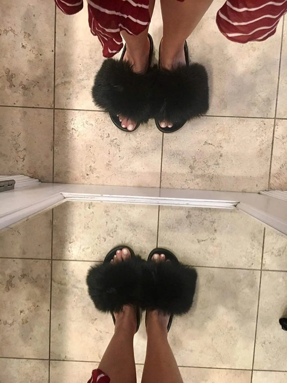 Big Faux Fur Slides, Furry Slippers for Women Fuzzy Fluffy Sandals Shoes