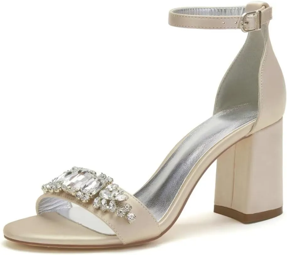 Block High Heel Sandals for Bride Rhinestones 3IN Heels Wedding Shoes Formal Party Sandals