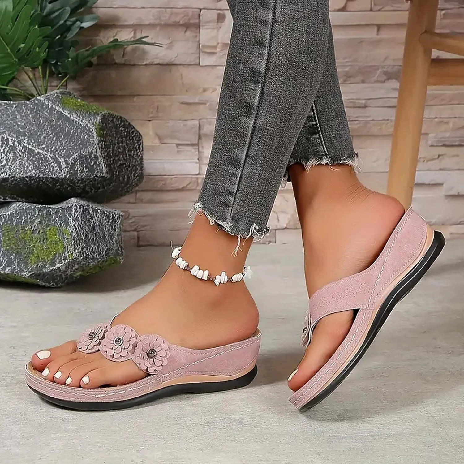 Bohemian Floral Orthopedic Sandals for Women, Summer Womens Beach Travel Flip Flops Comfortable Casual Dressy Wedges Sandals