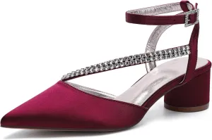 Bridal Shoes Low Heel Rhinestones Satin Strappy Wedding Shoes 4.5CM Pointed Closed Toe Women Party Ankle Strap Sandals Pumps for Prom,Rose red,6