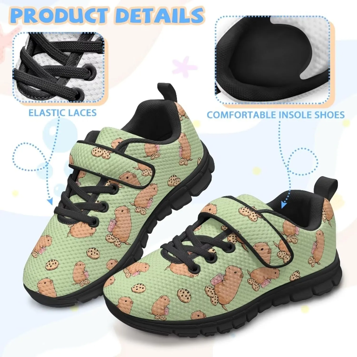 Capybara Print Boys Girls Outdoor Sneakers Breathable Athletic Shoes Non Slip Running Tennis Sneaker