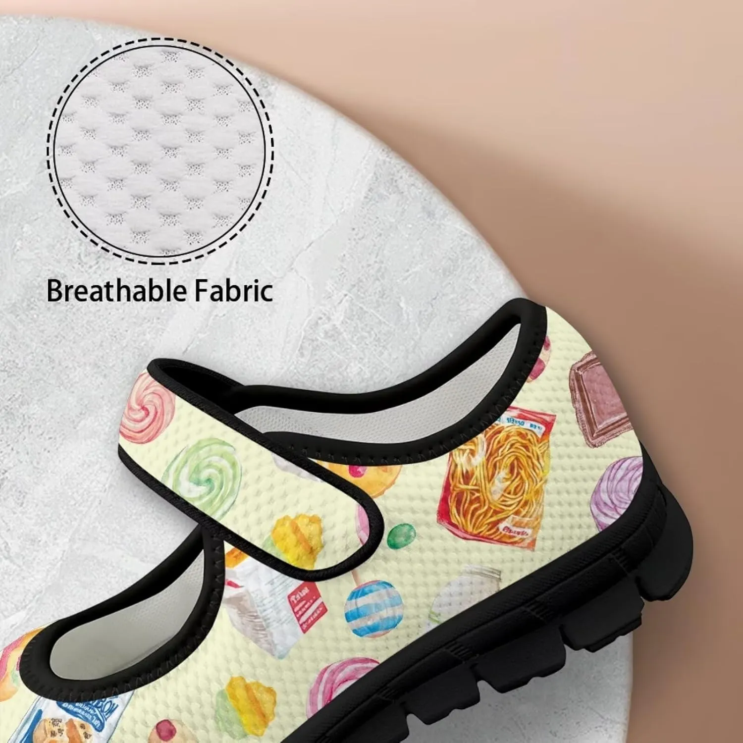 chaqlin Mary Jane Shoes Women Flats Food Print Tennis Mesh Shoe Non Slip Breathable Sneaker Wide Round Toe Comfy Walking Sneakers