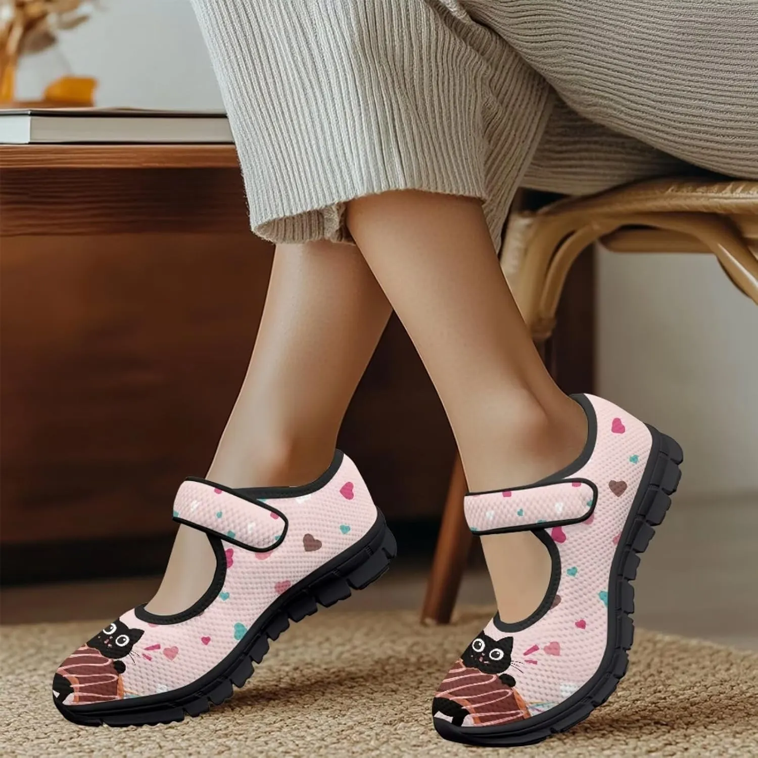 chaqlin Mary Jane Shoes Women Flats Food Print Tennis Mesh Shoe Non Slip Breathable Sneaker Wide Round Toe Comfy Walking Sneakers