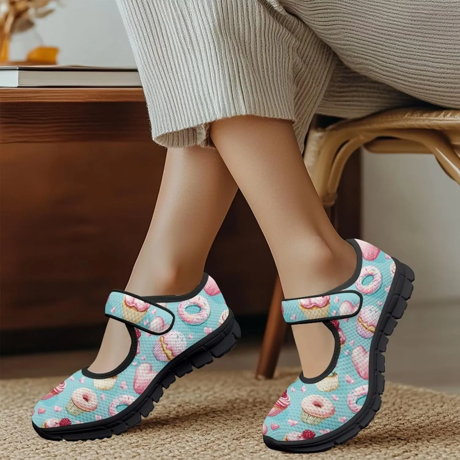 chaqlin Mary Jane Shoes Women Flats Food Print Tennis Mesh Shoe Non Slip Breathable Sneaker Wide Round Toe Comfy Walking Sneakers