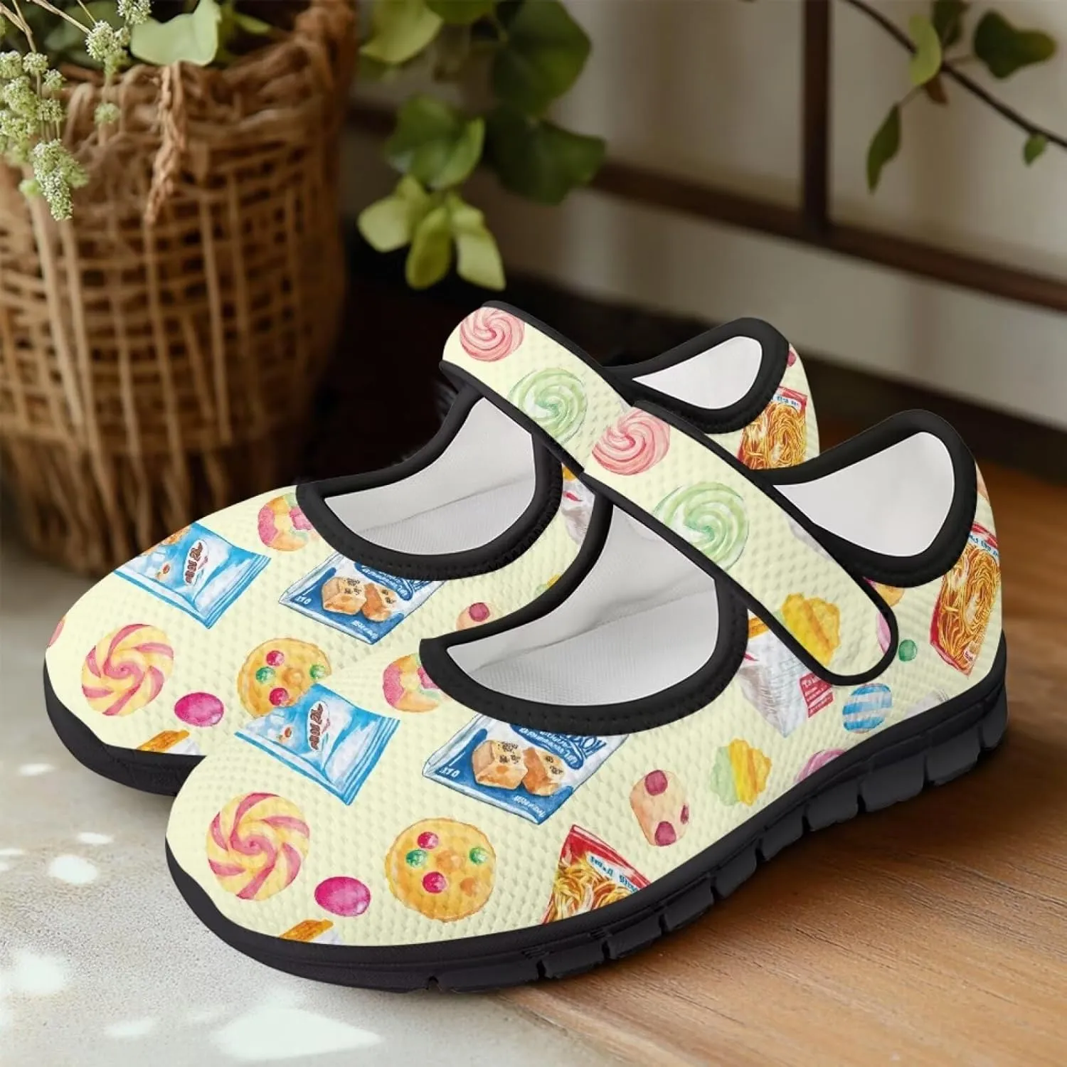 chaqlin Mary Jane Shoes Women Flats Food Print Tennis Mesh Shoe Non Slip Breathable Sneaker Wide Round Toe Comfy Walking Sneakers