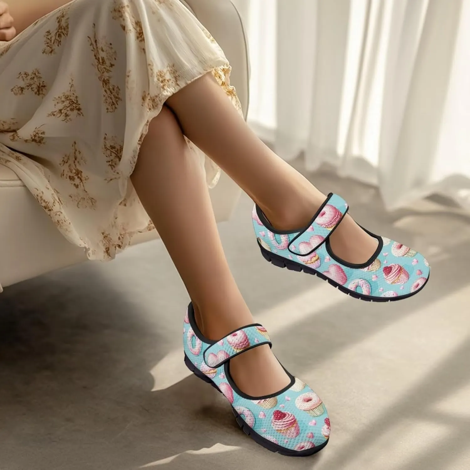 chaqlin Mary Jane Shoes Women Flats Food Print Tennis Mesh Shoe Non Slip Breathable Sneaker Wide Round Toe Comfy Walking Sneakers