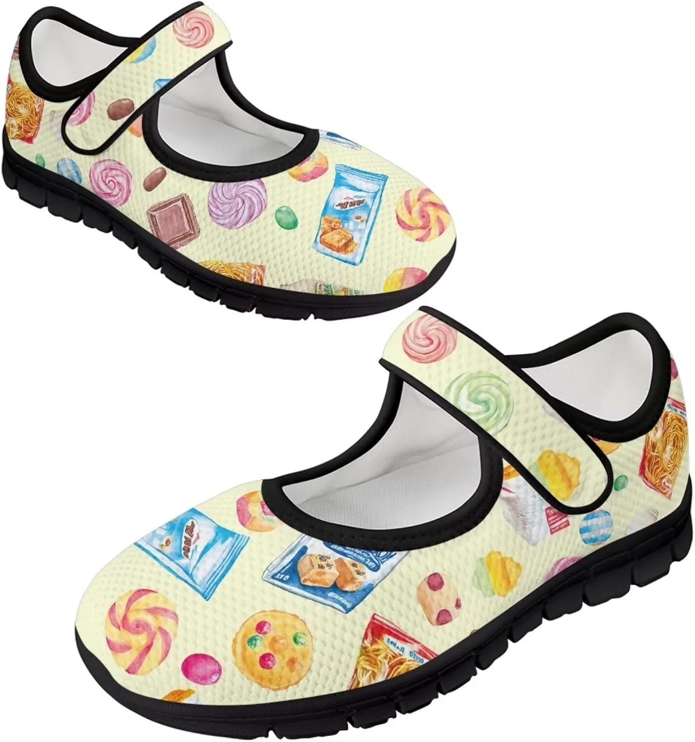 chaqlin Mary Jane Shoes Women Flats Food Print Tennis Mesh Shoe Non Slip Breathable Sneaker Wide Round Toe Comfy Walking Sneakers