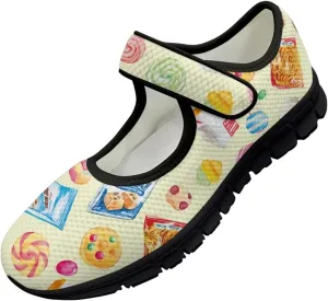 chaqlin Mary Jane Shoes Women Flats Food Print Tennis Mesh Shoe Non Slip Breathable Sneaker Wide Round Toe Comfy Walking Sneakers