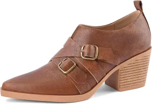 Chunky Heel Penny Loafers for Women Closed Pointed Toe Block Heels Cross Buckle Strap Slip On Classic Vintage Pumps Dress Shoes Elegant for Work Office Party Daily Wear