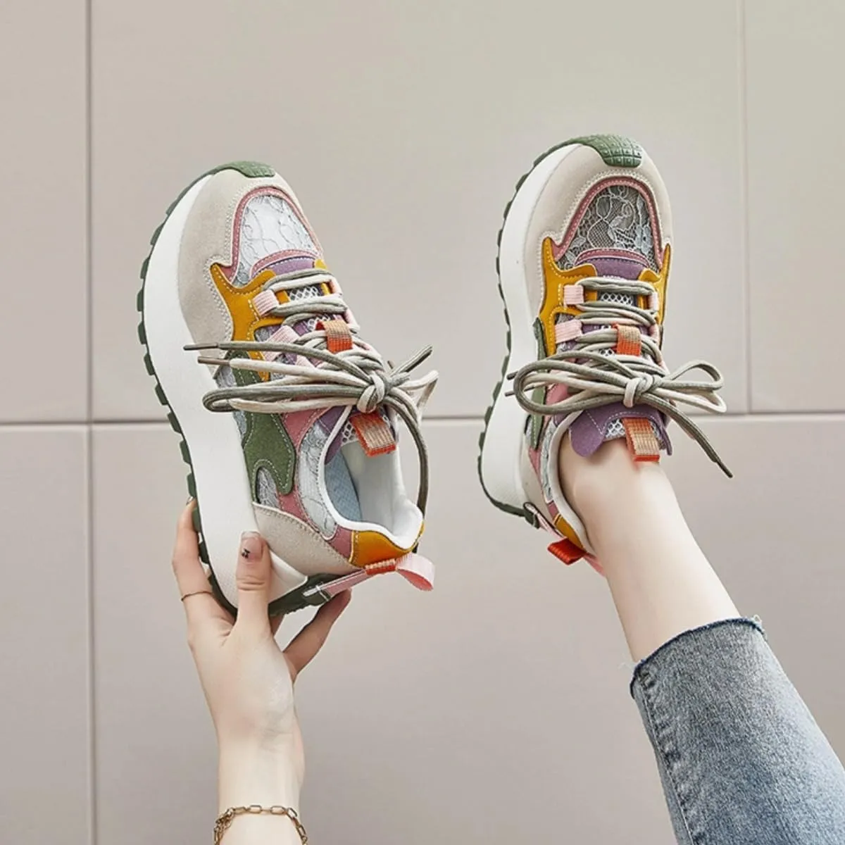 Color-Blocked Chunky Sneakers for Women & Girls Trendy Platform 4.5cm Walking Shoes for Travel & Gifts