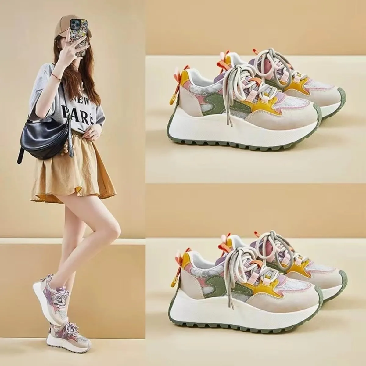 Color-Blocked Chunky Sneakers for Women & Girls Trendy Platform 4.5cm Walking Shoes for Travel & Gifts