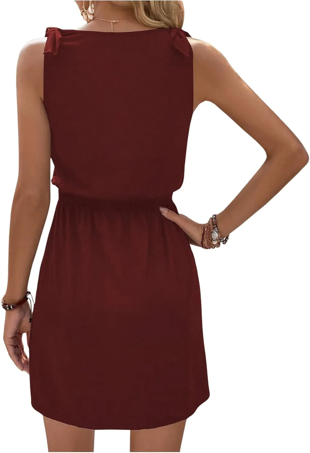 COZYEASE Women's Tie Shoulder A Line High Waist A Line Dress Sleeveless V Neck Solid Short Dresses