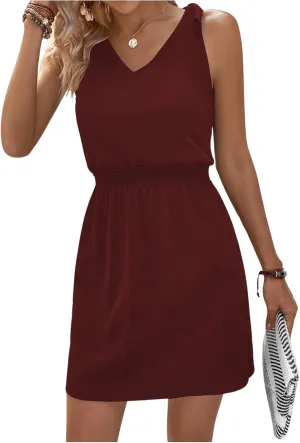 COZYEASE Women's Tie Shoulder A Line High Waist A Line Dress Sleeveless V Neck Solid Short Dresses