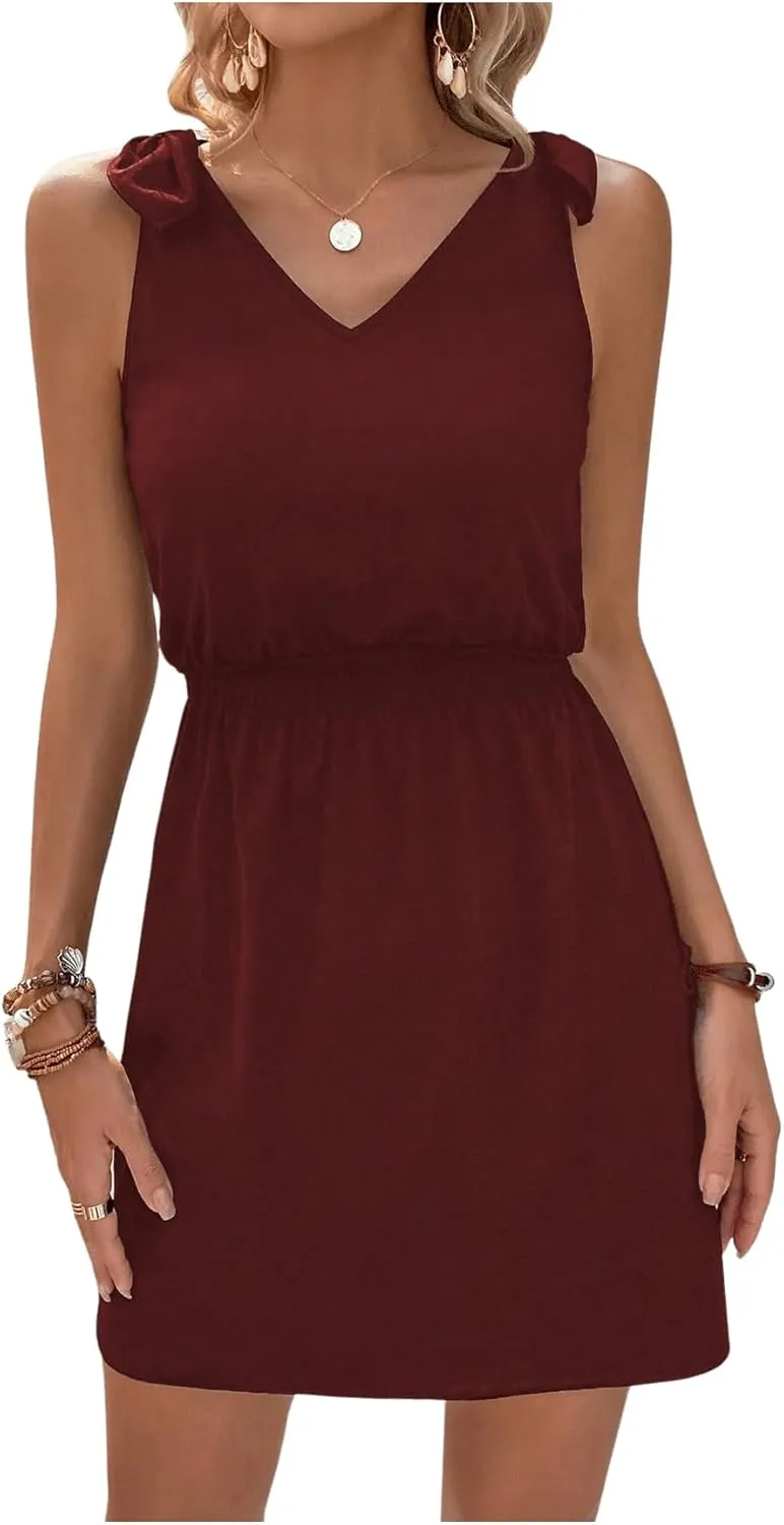 COZYEASE Women's Tie Shoulder A Line High Waist A Line Dress Sleeveless V Neck Solid Short Dresses