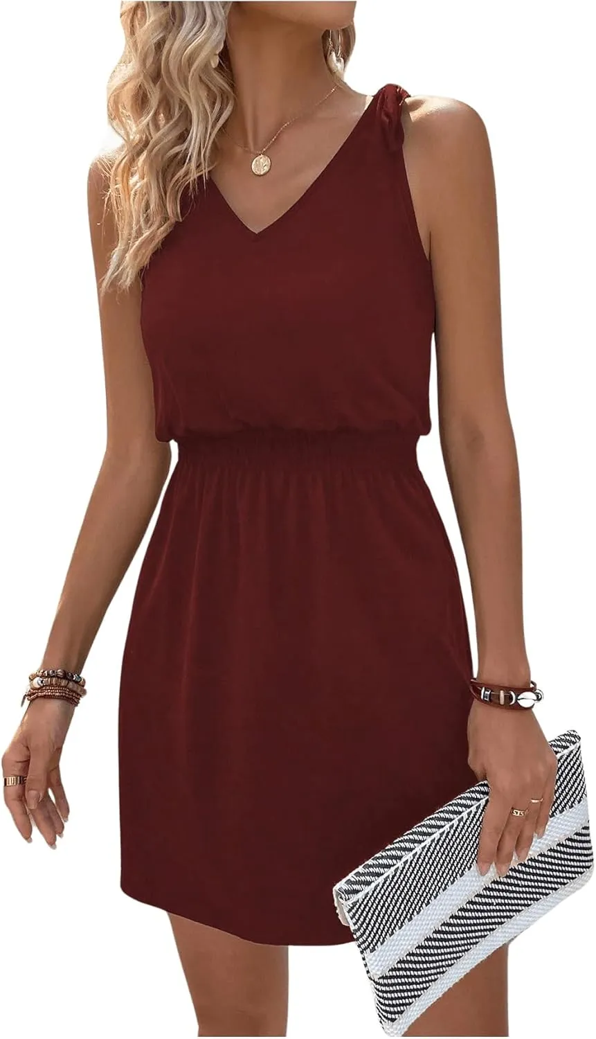 COZYEASE Women's Tie Shoulder A Line High Waist A Line Dress Sleeveless V Neck Solid Short Dresses