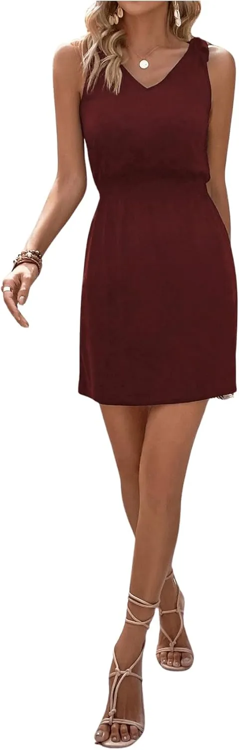 COZYEASE Women's Tie Shoulder A Line High Waist A Line Dress Sleeveless V Neck Solid Short Dresses