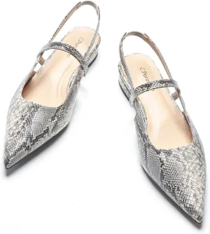 C.Paravano Snake-Print Women's Slingback Flats, Pointed Toe Kitten Heels, Low Heel Pumps, Ankle Strap Leather Dress Shoes for Office and Casual Wear(Size 6.5,Snakeskin Light Grey Flats)