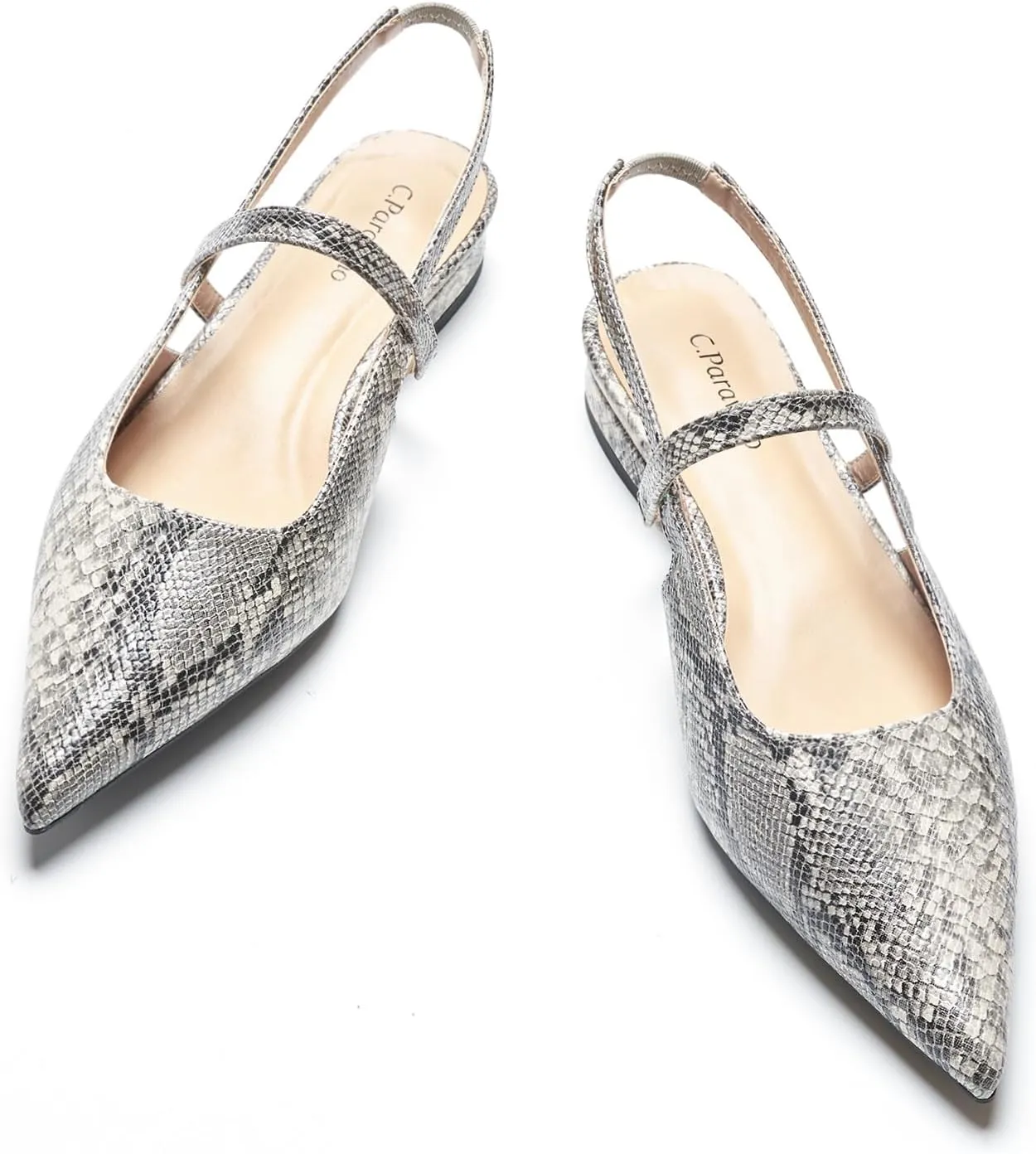 C.Paravano Snake-Print Women's Slingback Flats, Pointed Toe Kitten Heels, Low Heel Pumps, Ankle Strap Leather Dress Shoes for Office and Casual Wear(Size 6.5,Snakeskin Light Grey Flats)