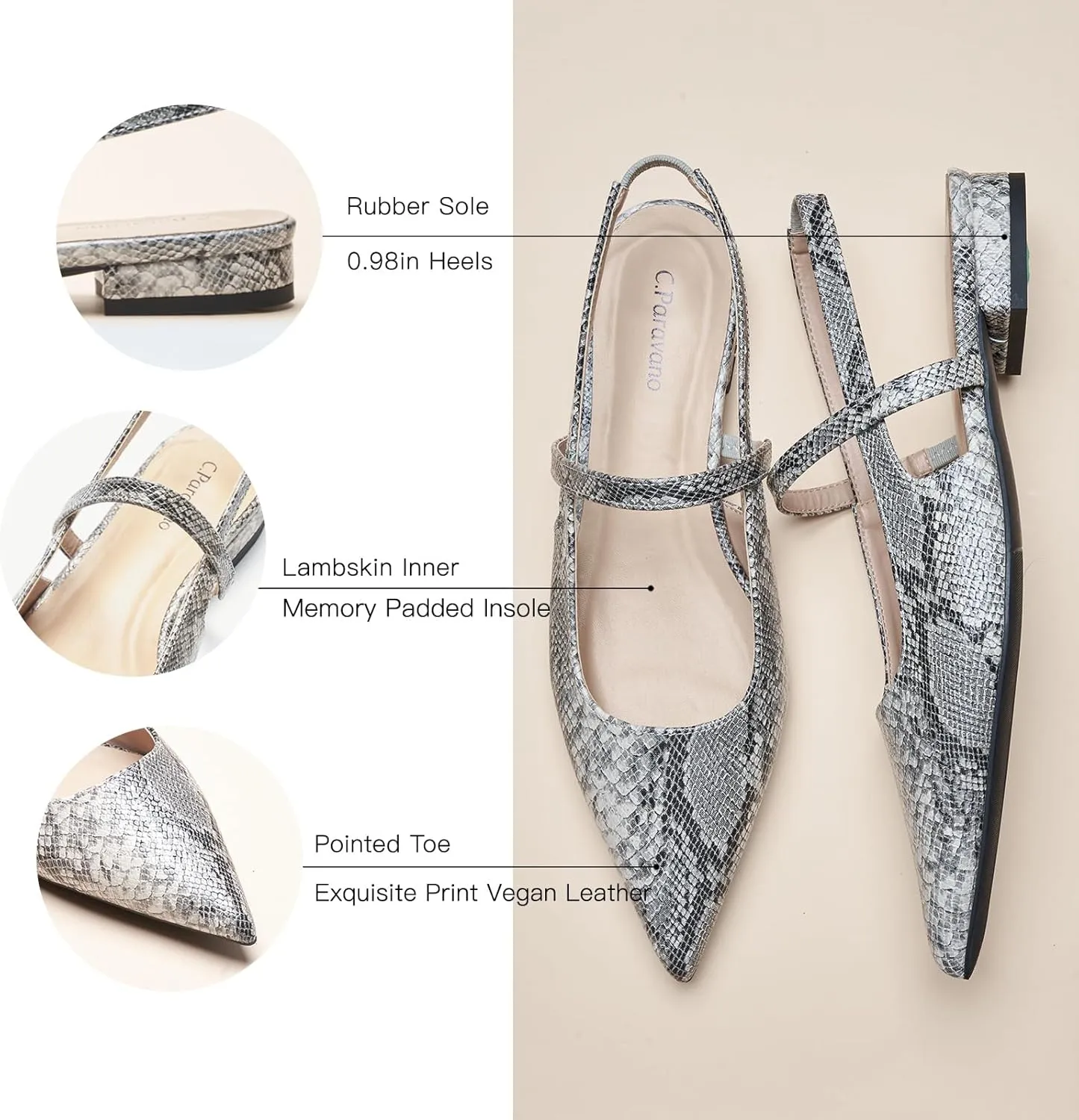 C.Paravano Women's Slingback Flats & Heels - Pointed Toe, Ankle Strap, Comfortable Leather Dress Shoes