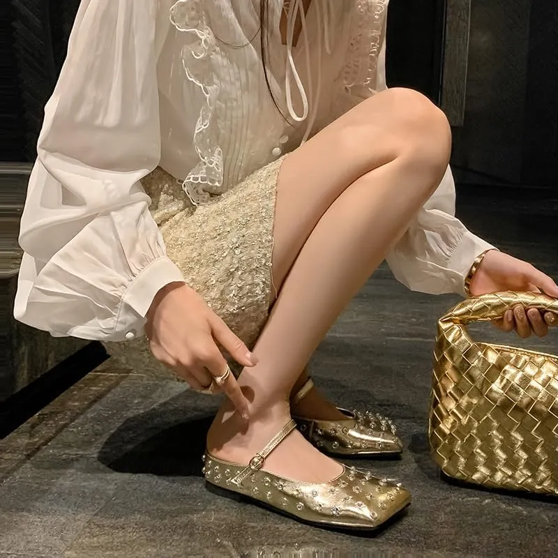Crystal Rhinestone Ballet Flats for Women Diamond Mesh Round Toe Flat Slip On Low Heeled Flat Shoes Casual Dress Shoes