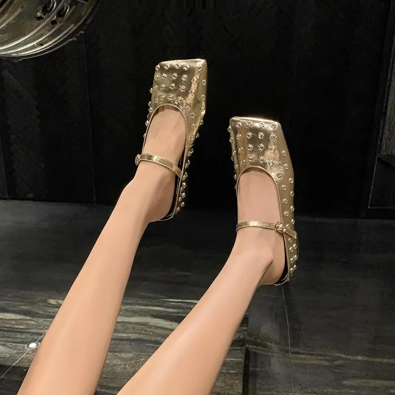 Crystal Rhinestone Ballet Flats for Women Diamond Mesh Round Toe Flat Slip On Low Heeled Flat Shoes Casual Dress Shoes