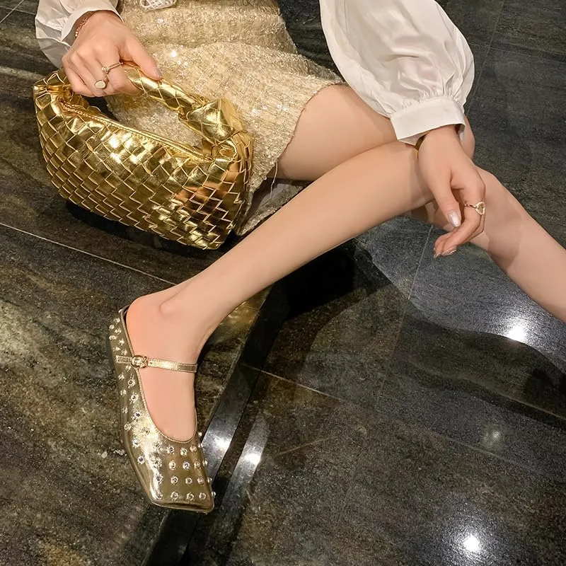 Crystal Rhinestone Ballet Flats for Women Diamond Mesh Round Toe Flat Slip On Low Heeled Flat Shoes Casual Dress Shoes