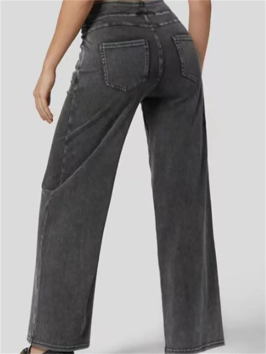 Easetrousers - High Waisted Multi-Pocket Straight Leg Stretchy Pants,Women's Fashion Casual Loose Wide-Leg Trousers