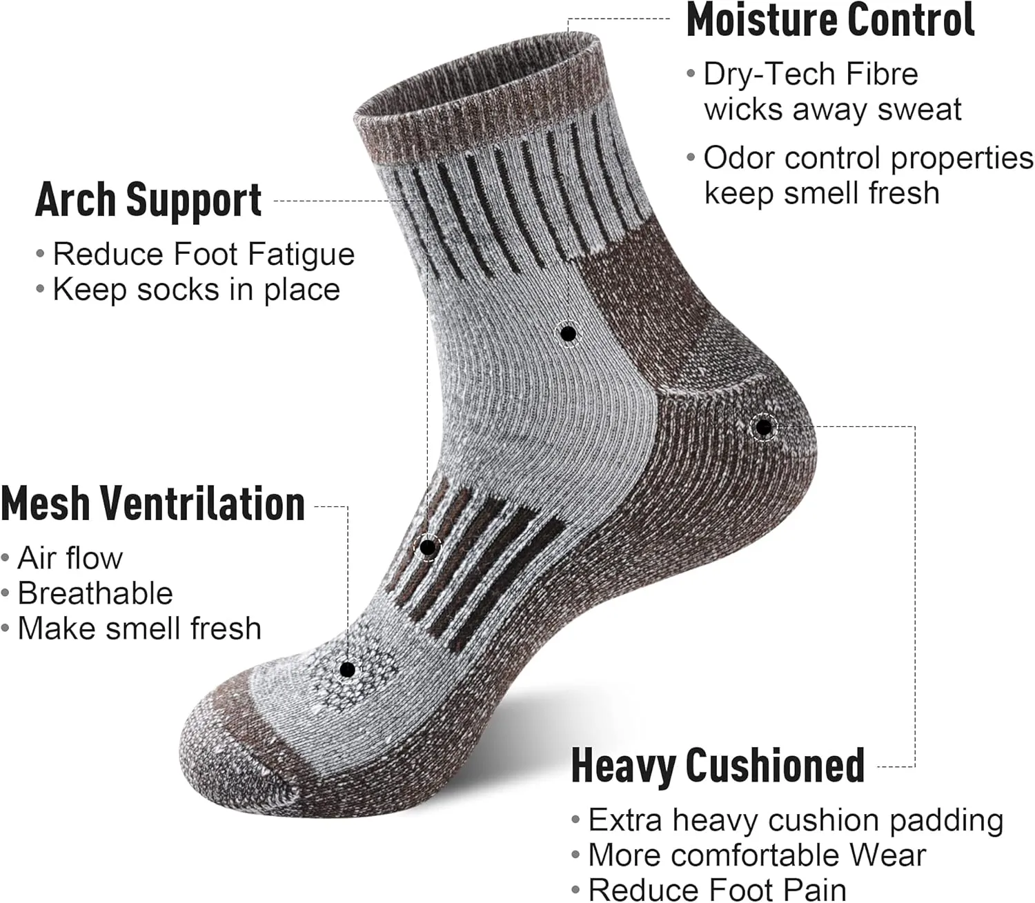 ECOEY Men's Merino Wool Cushioned Hiking Trekking Socks 4 Pairs, Quarter Length with Moisture Wicking