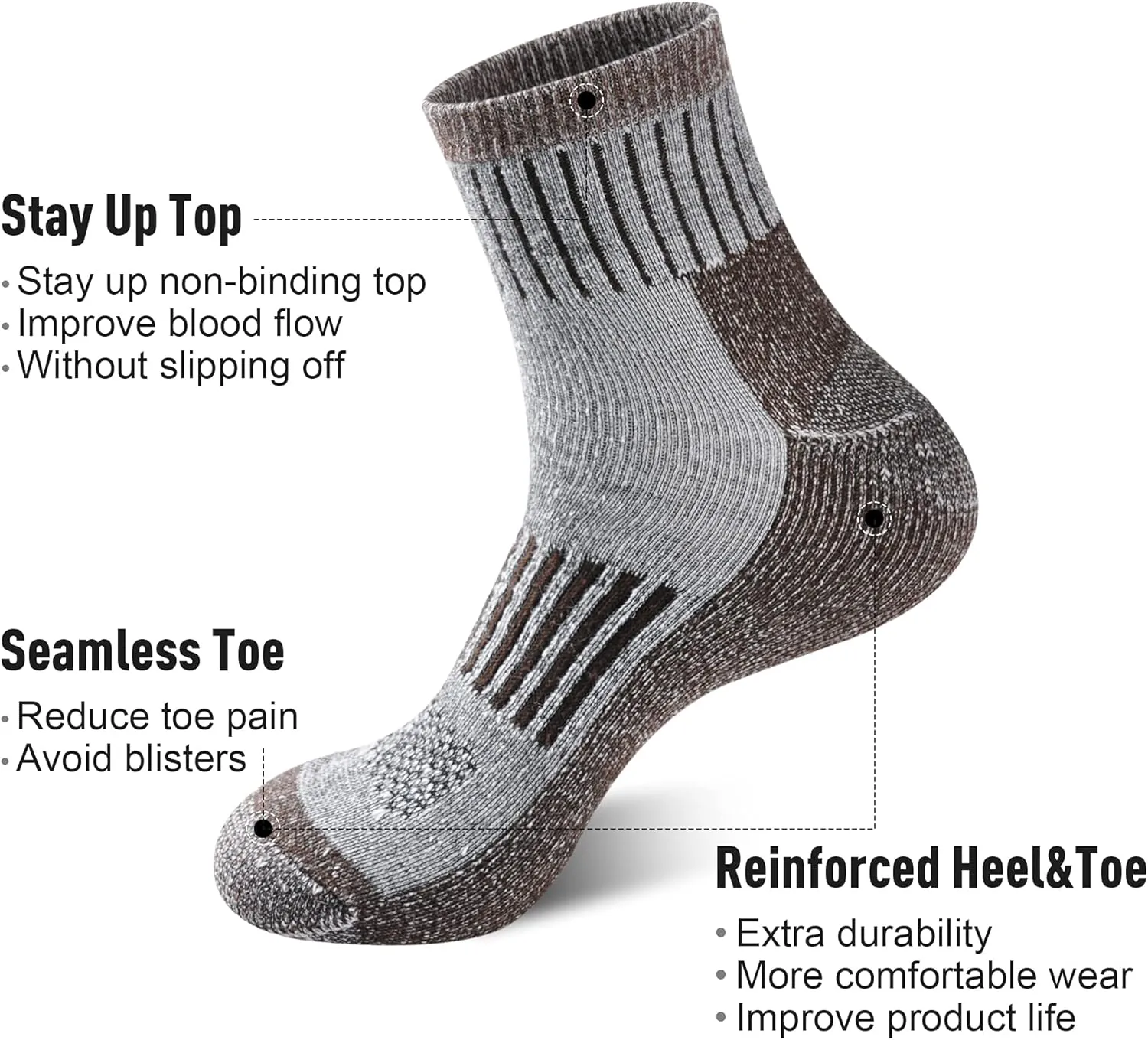 ECOEY Men's Merino Wool Cushioned Hiking Trekking Socks 4 Pairs, Quarter Length with Moisture Wicking