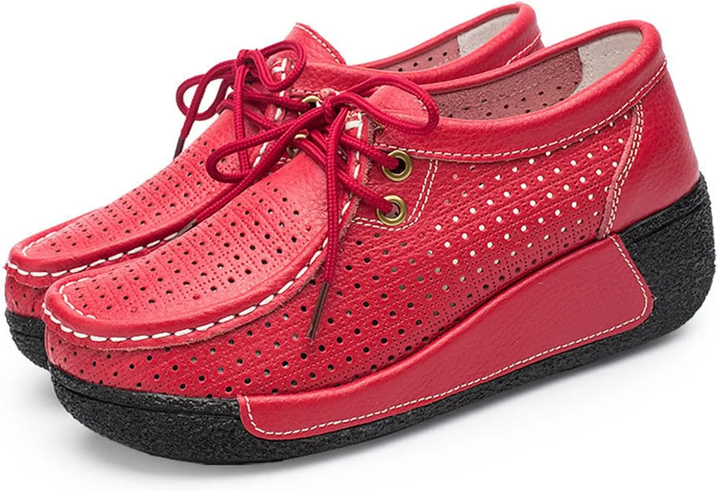 EFTCAL Women's Leather Lace Up Platform Sneakers Comfortable Round Toe Wedge Loafers Breathable Non-Slip Nurse Work Shoes with Arch Support,Rocker Shoes for Women