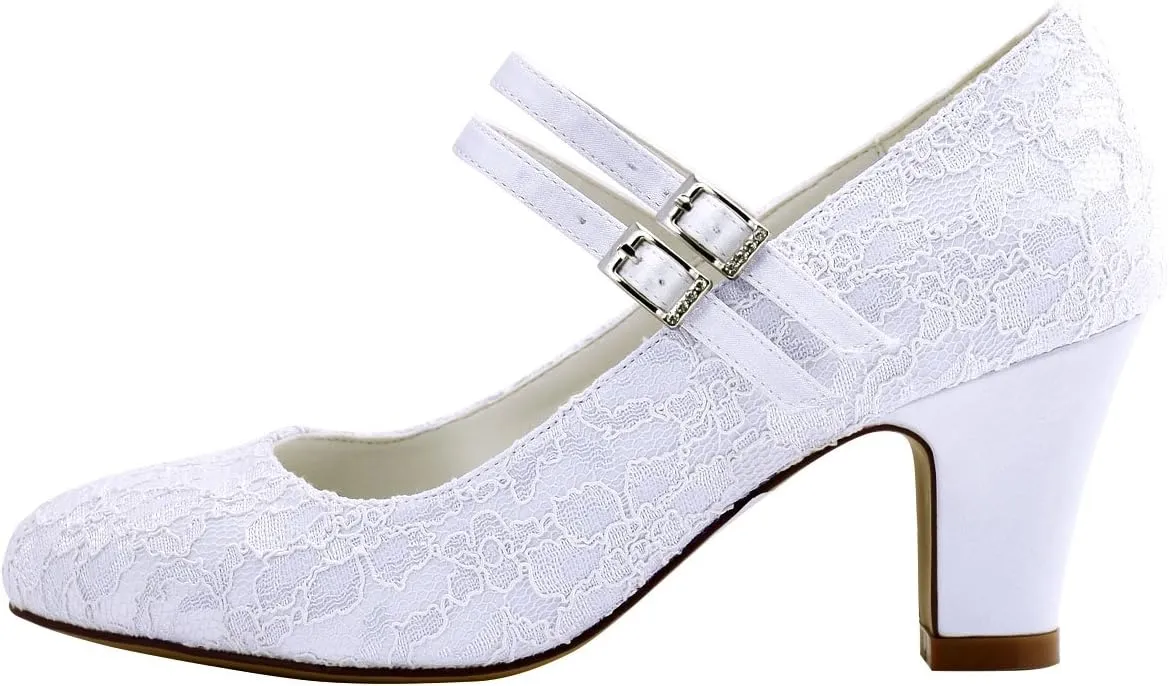 ELEGANTPARK Wedding Shoes for Bride Closed Toe Mary Jane Shoes Bridal Heels Block Heel Pumps Evening Prom Lace