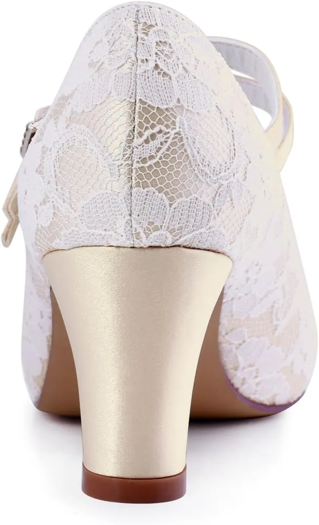 ELEGANTPARK Wedding Shoes for Bride Closed Toe Mary Jane Shoes Bridal Heels Block Heel Pumps Evening Prom Lace