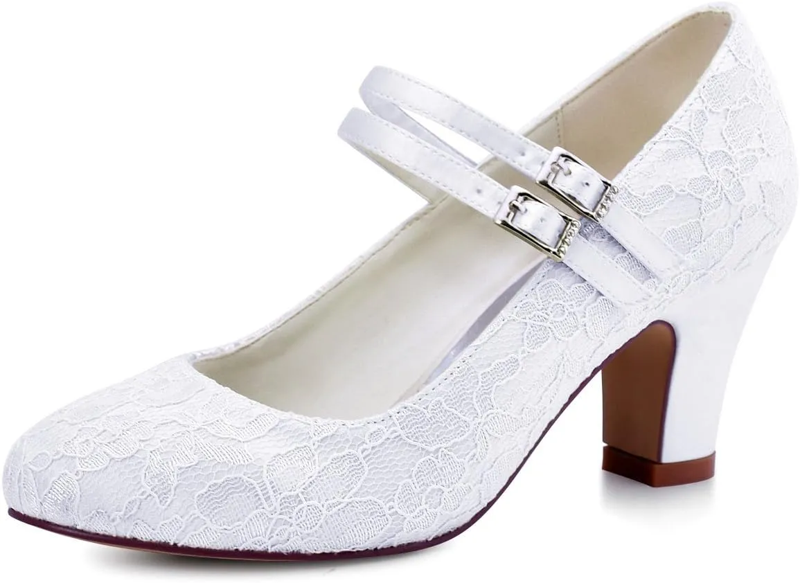ELEGANTPARK Wedding Shoes for Bride Closed Toe Mary Jane Shoes Bridal Heels Block Heel Pumps Evening Prom Lace