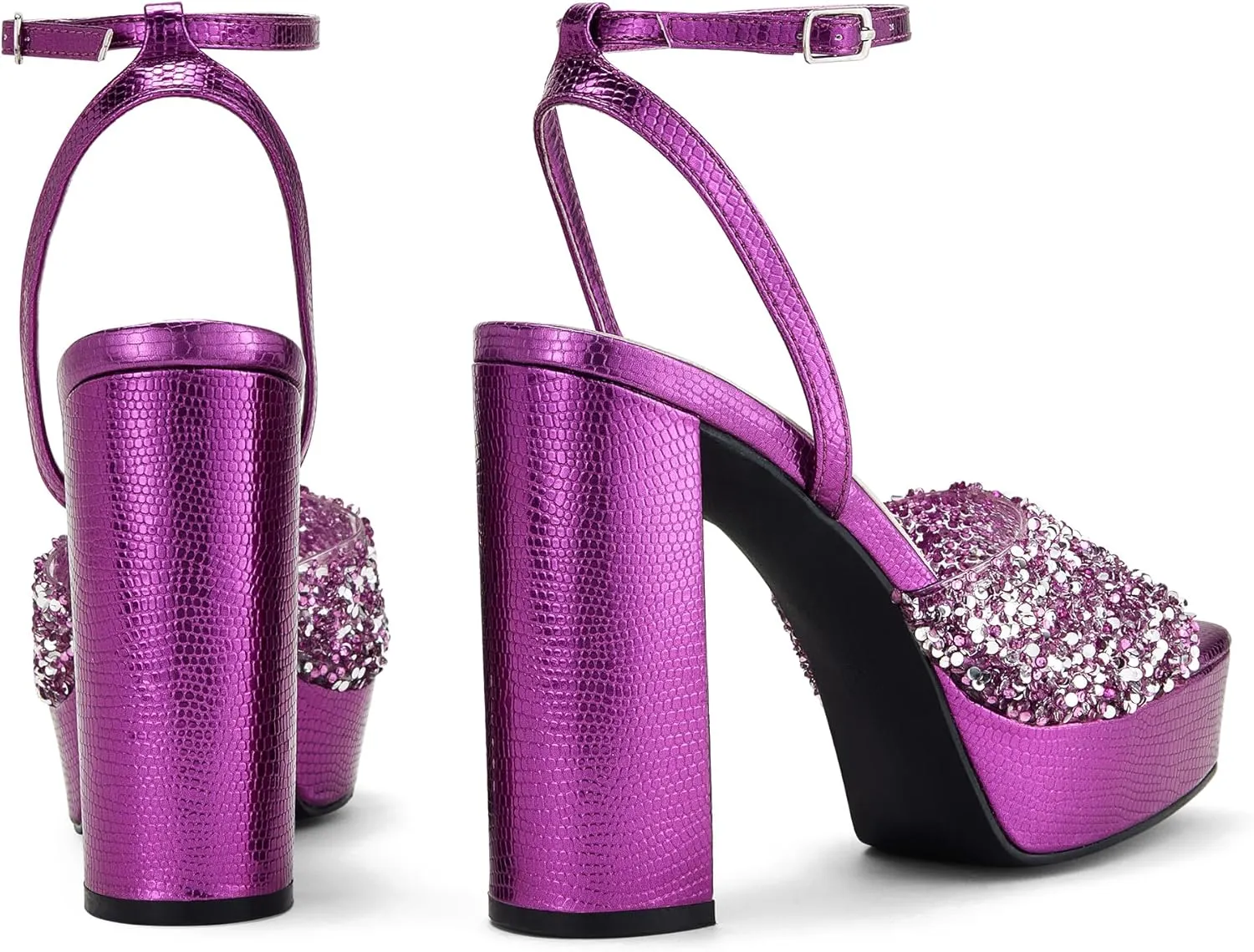 Elisabet Tang 4IN rhinstone square toe platform strappy chunky block dressy heeled sandals sparkly Lizard pattern leather heels for evening prom