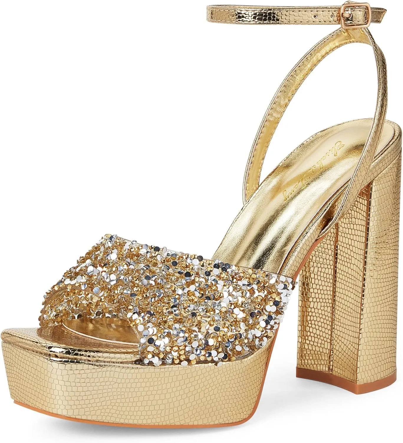 Elisabet Tang 4IN rhinstone square toe platform strappy chunky block dressy heeled sandals sparkly Lizard pattern leather heels for evening prom